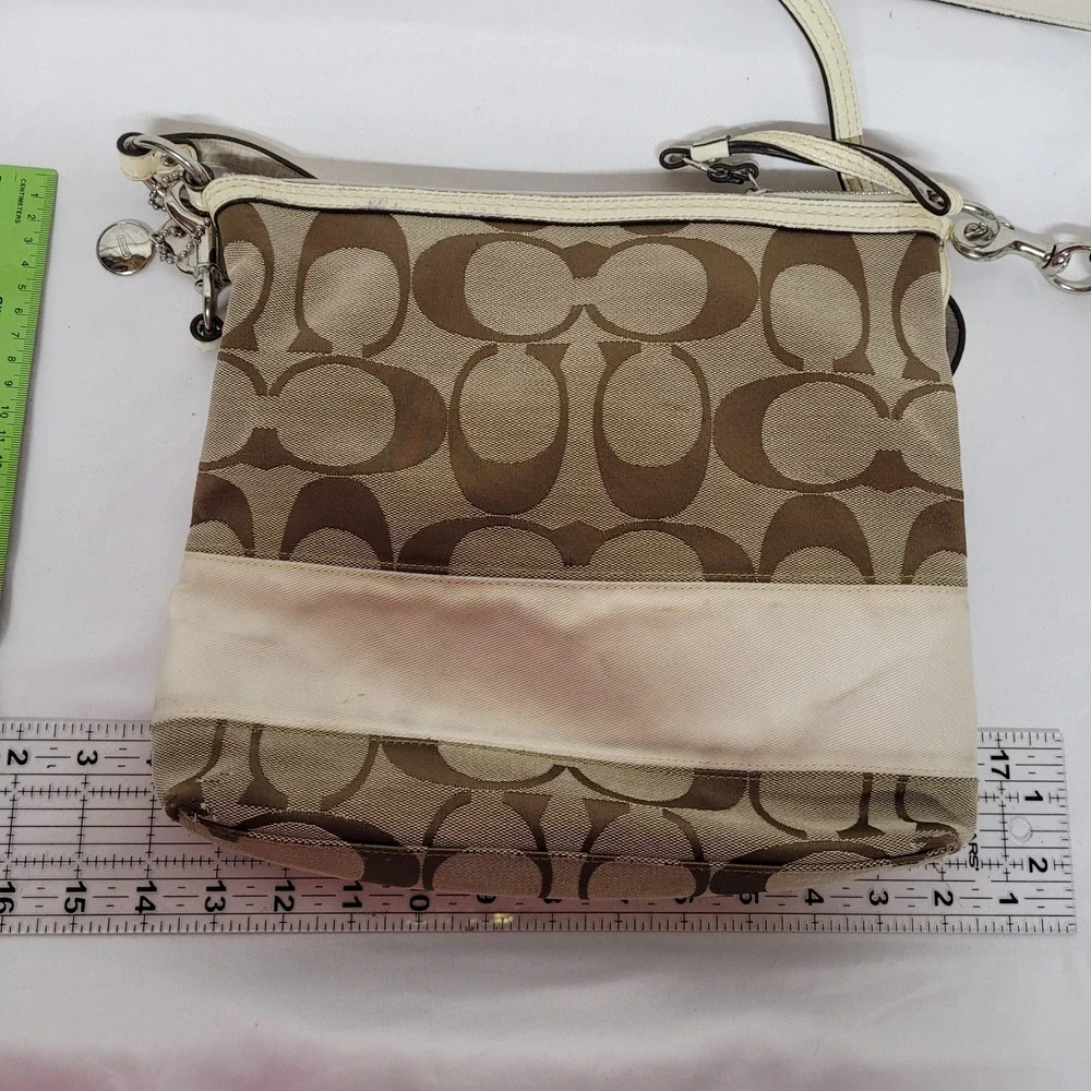 Coach Signature File Bag Khaki White Crossbody F13674